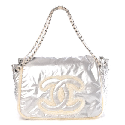 Chanel Vinyl Mohair Trimmed Accordion Arctic Polar Ice Flap Silver 1 of 13