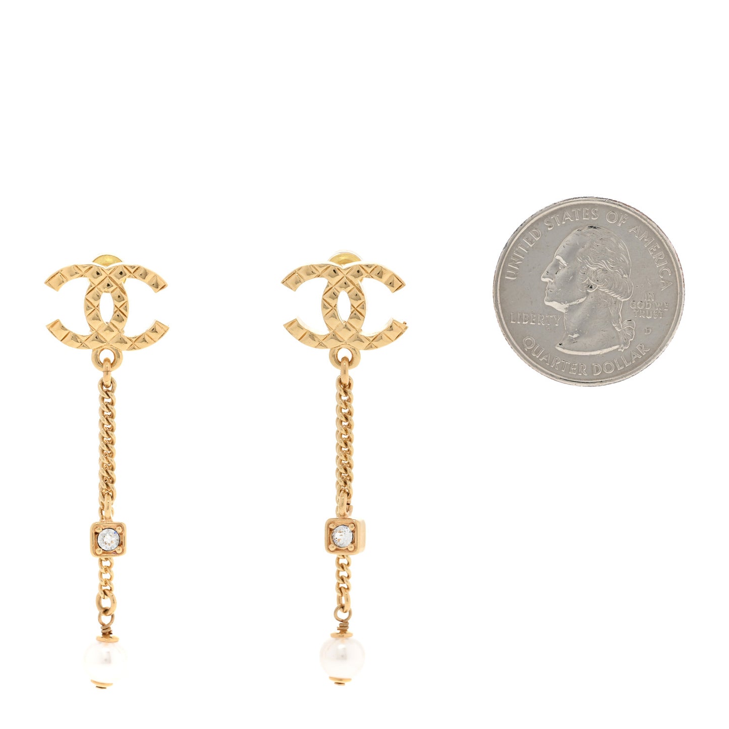 Pearl Crystal CC Chain Drop Earrings Gold