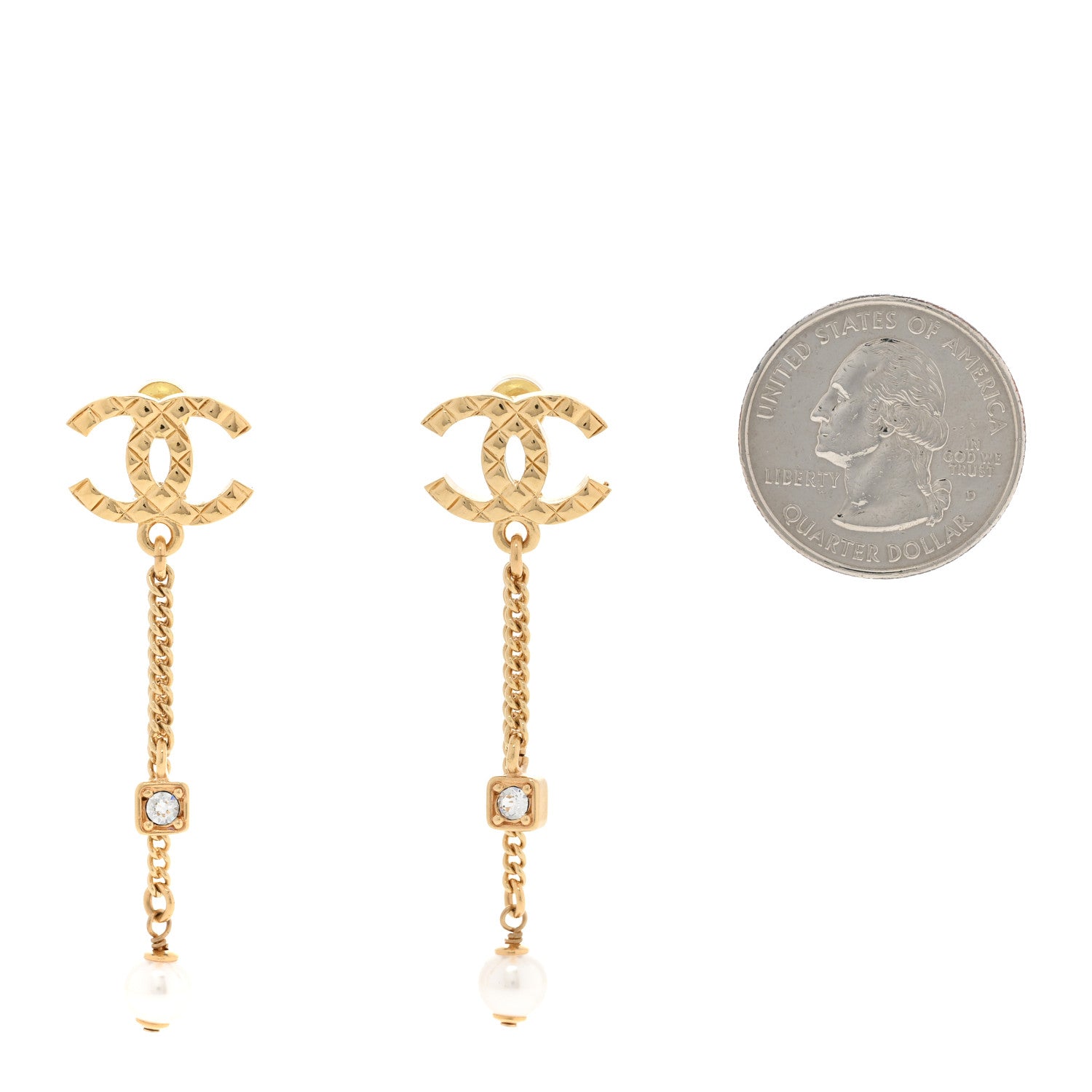 Chanel Pearl Crystal CC Chain Drop Earrings Gold 2 of 5