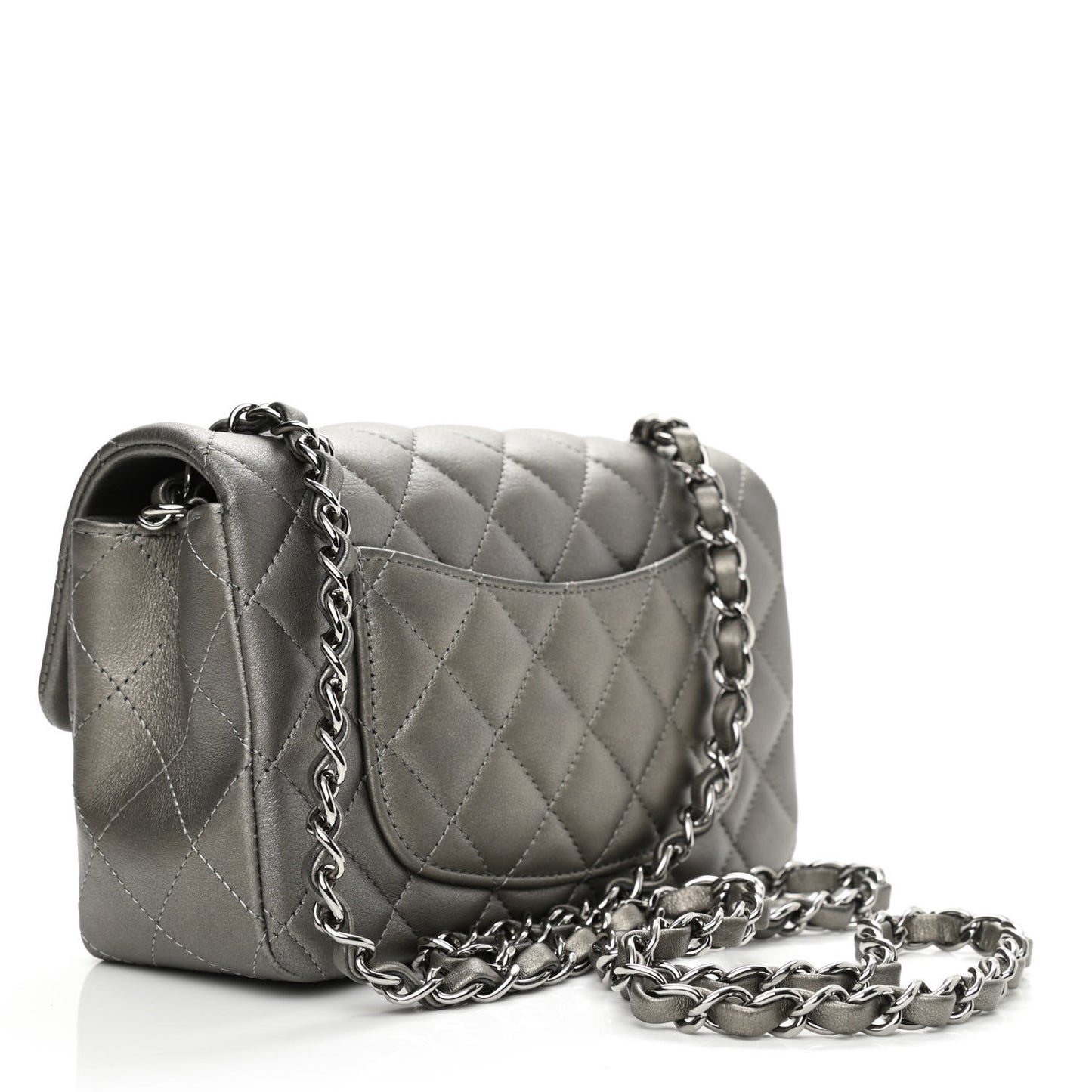 Metallic Calfskin Quilted Mini Rectangular Flap Ruthenium