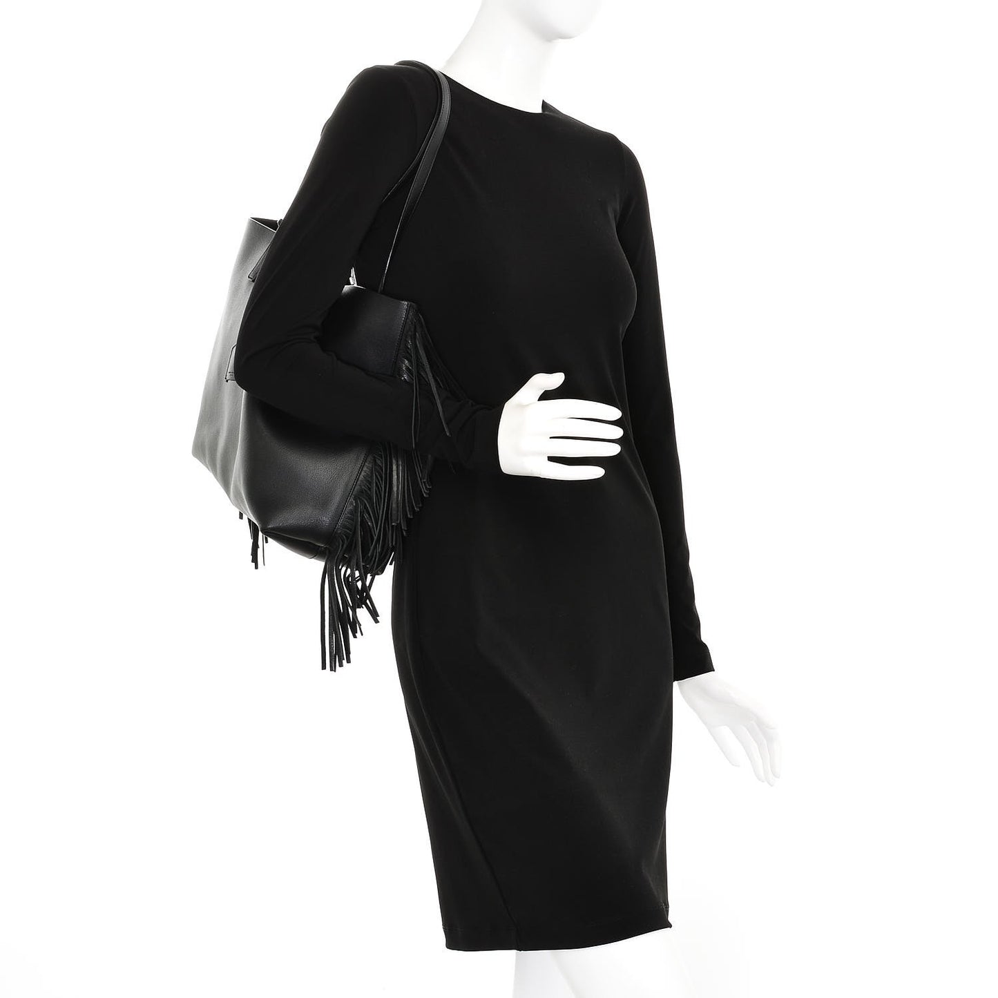 Calfskin Large Fringe Shopping Tote Black