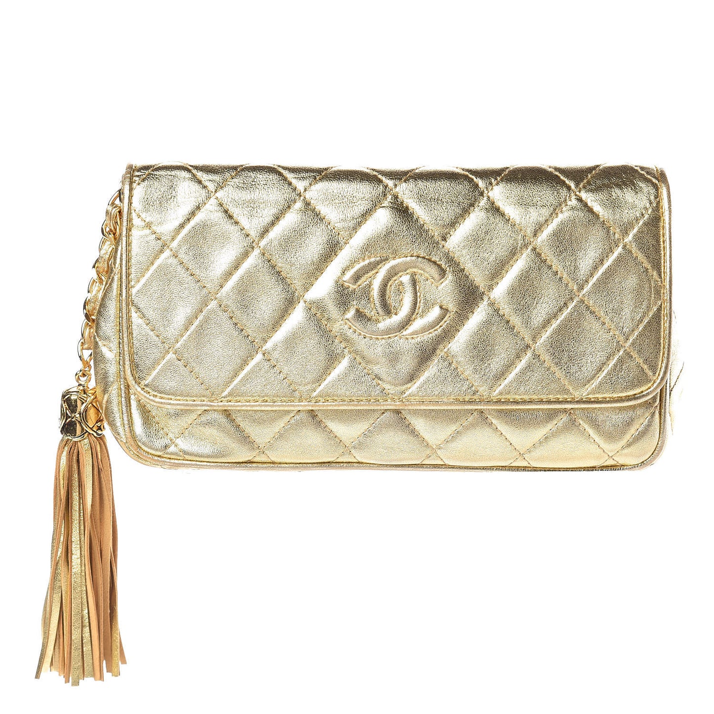 Lambskin Quilted Tassel Clutch Gold