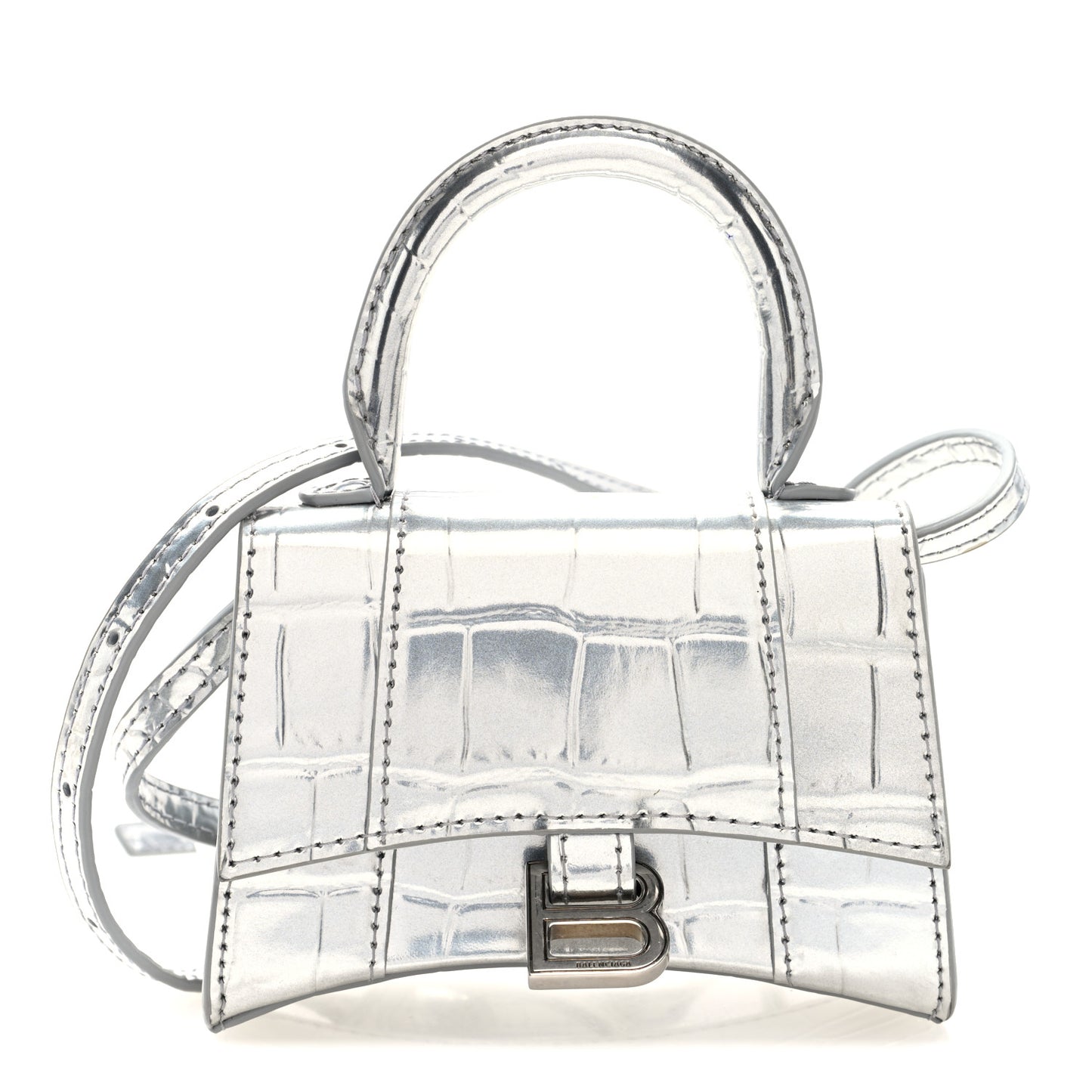 Metallic Calfskin Crocodile Embossed Hourglass Top Handle Bag Mini Silver