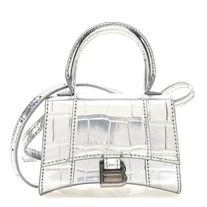 Balenciaga Metallic Calfskin Crocodile Embossed Hourglass Top Handle Bag Mini Silver 1 of 9