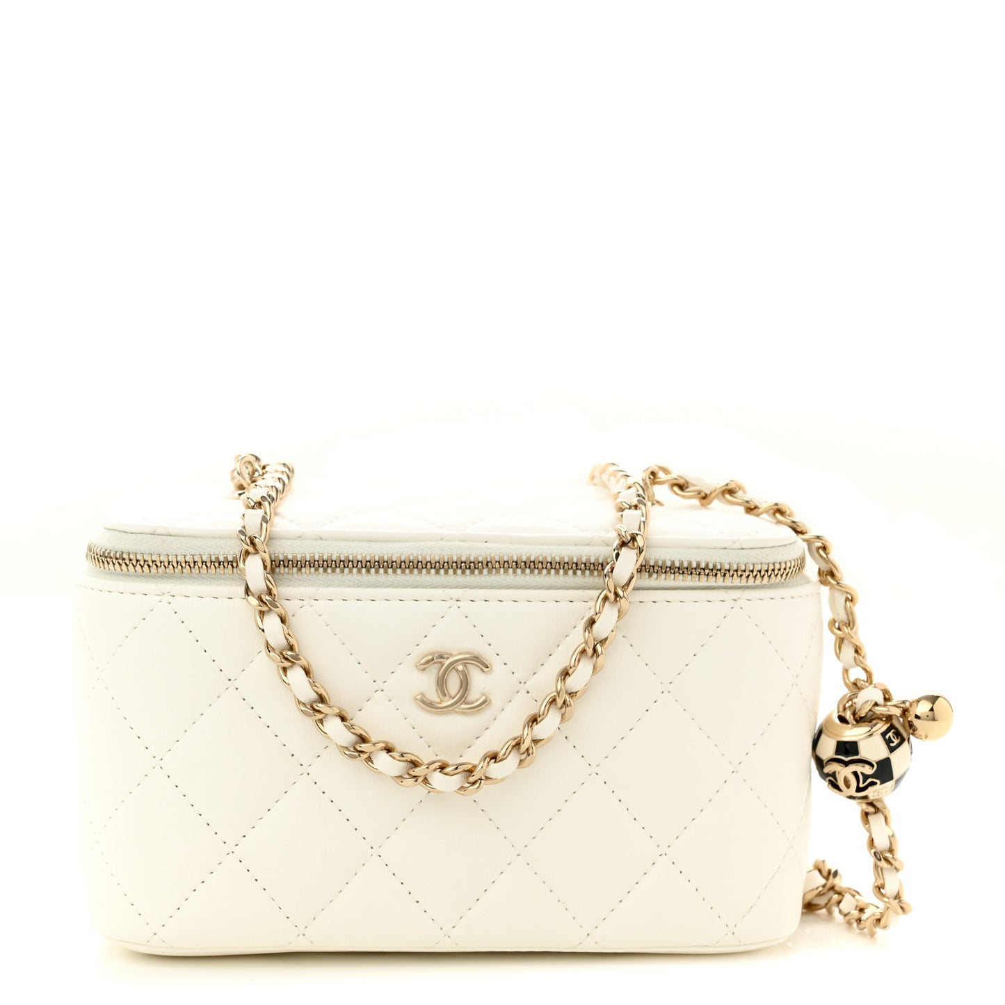 Lambskin Quilted Pearl Crush Small Vanity Case With Chain White