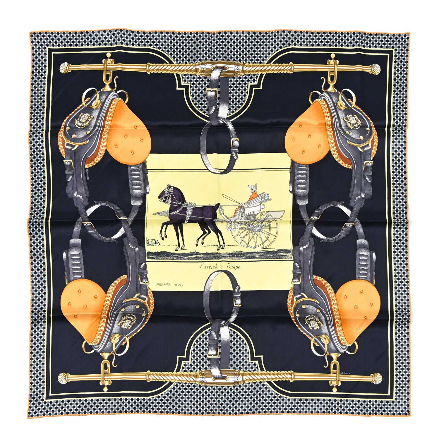 Hermes Silk Carrick a Pompe Scarf 70 Bleu Noir Jaune Soufre 1 of 5