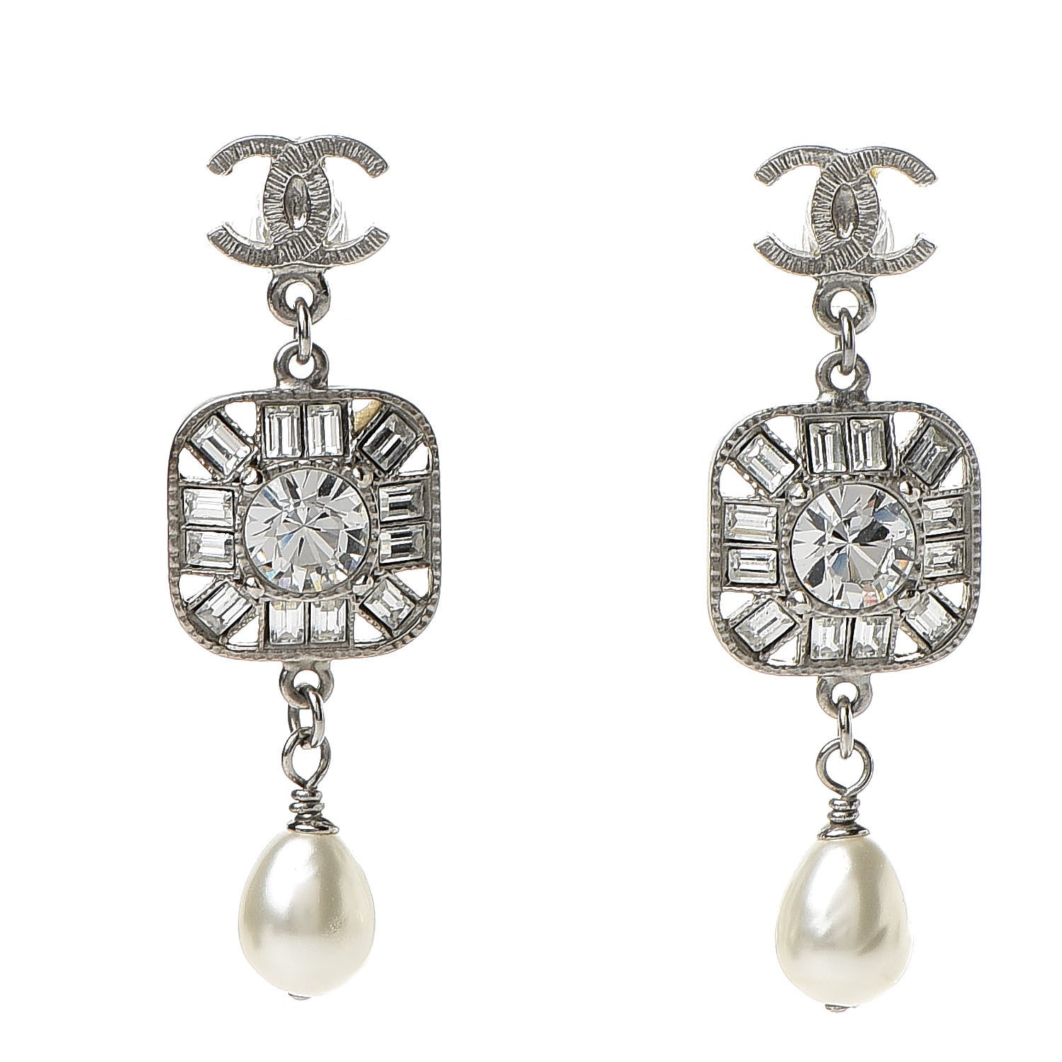 Chanel Pearl Crystal CC Square Drop Earrings Silver 1 of 5