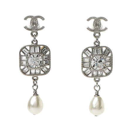 Chanel Pearl Crystal CC Square Drop Earrings Silver 1 of 5