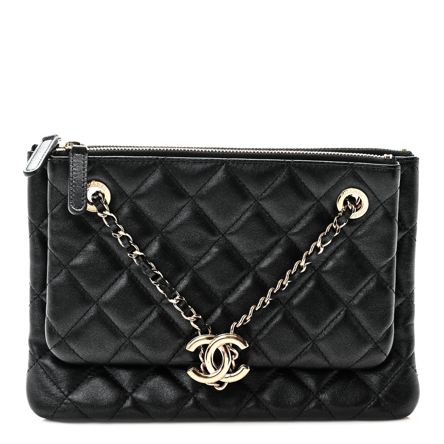 Shiny Lambskin Quilted Medium Double Case With Strap Black
