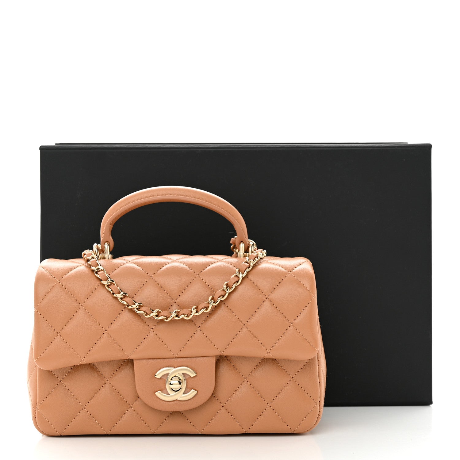 Chanel Lambskin Quilted Mini Top Handle Rectangular Flap Dark Beige 11 of 11