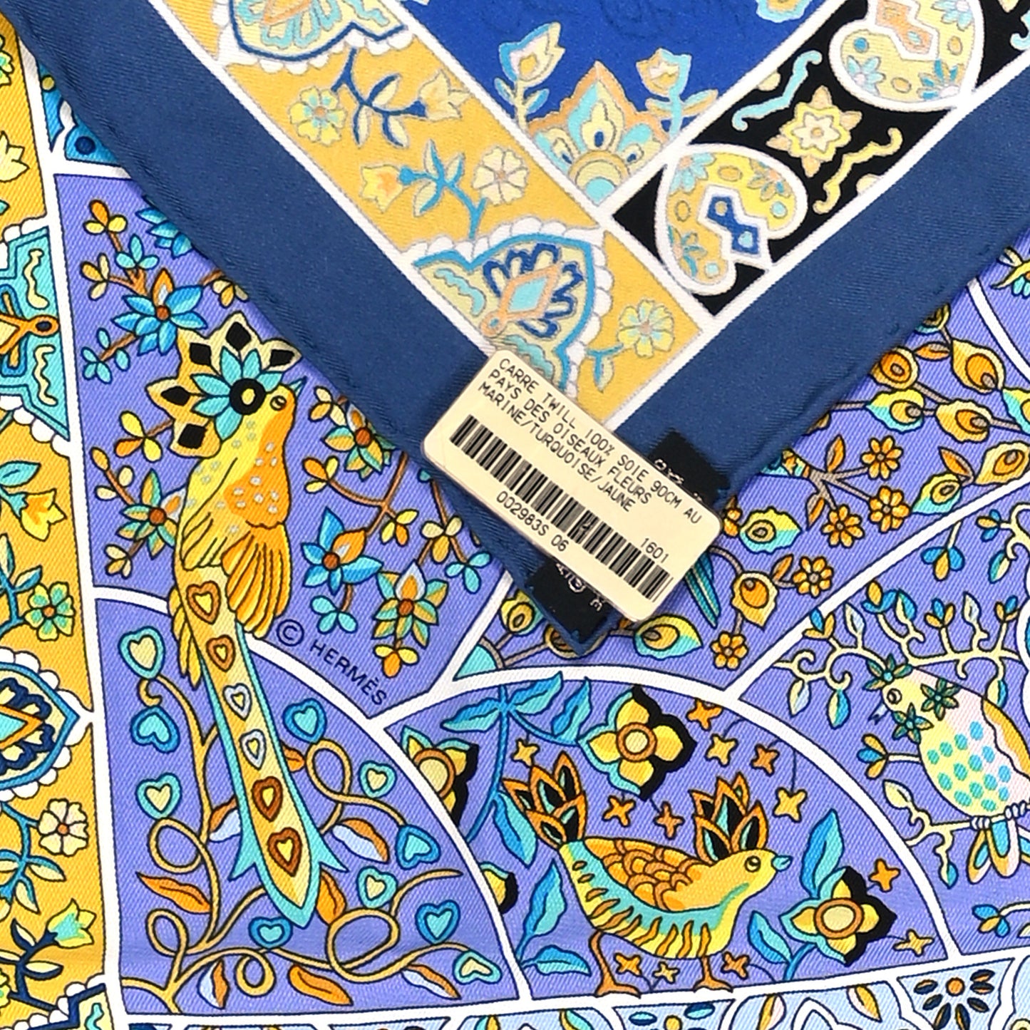 Silk Au Pays Des Oiseaux Fleurs Scarf 90 Marine Turquoise Jaune