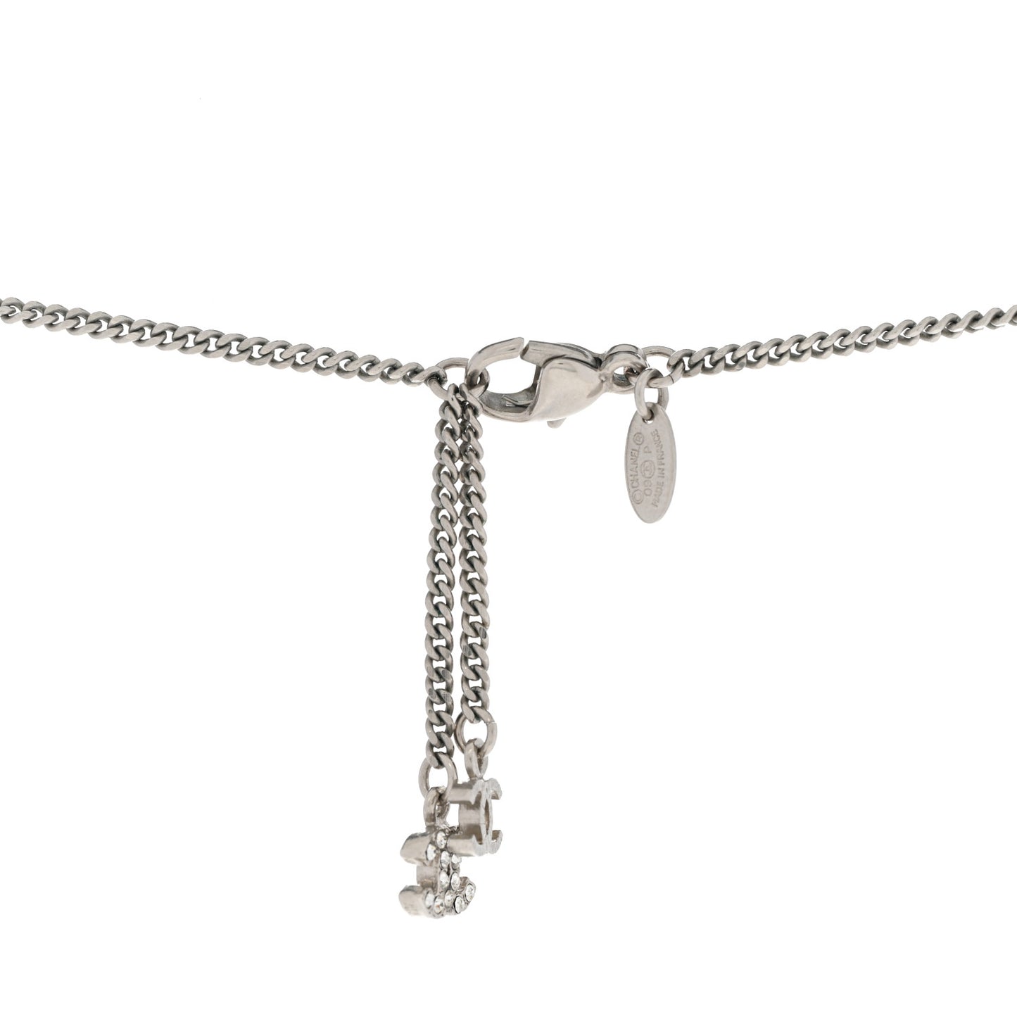 Baguette Crystal Pearl CC Pendant Necklace Silver