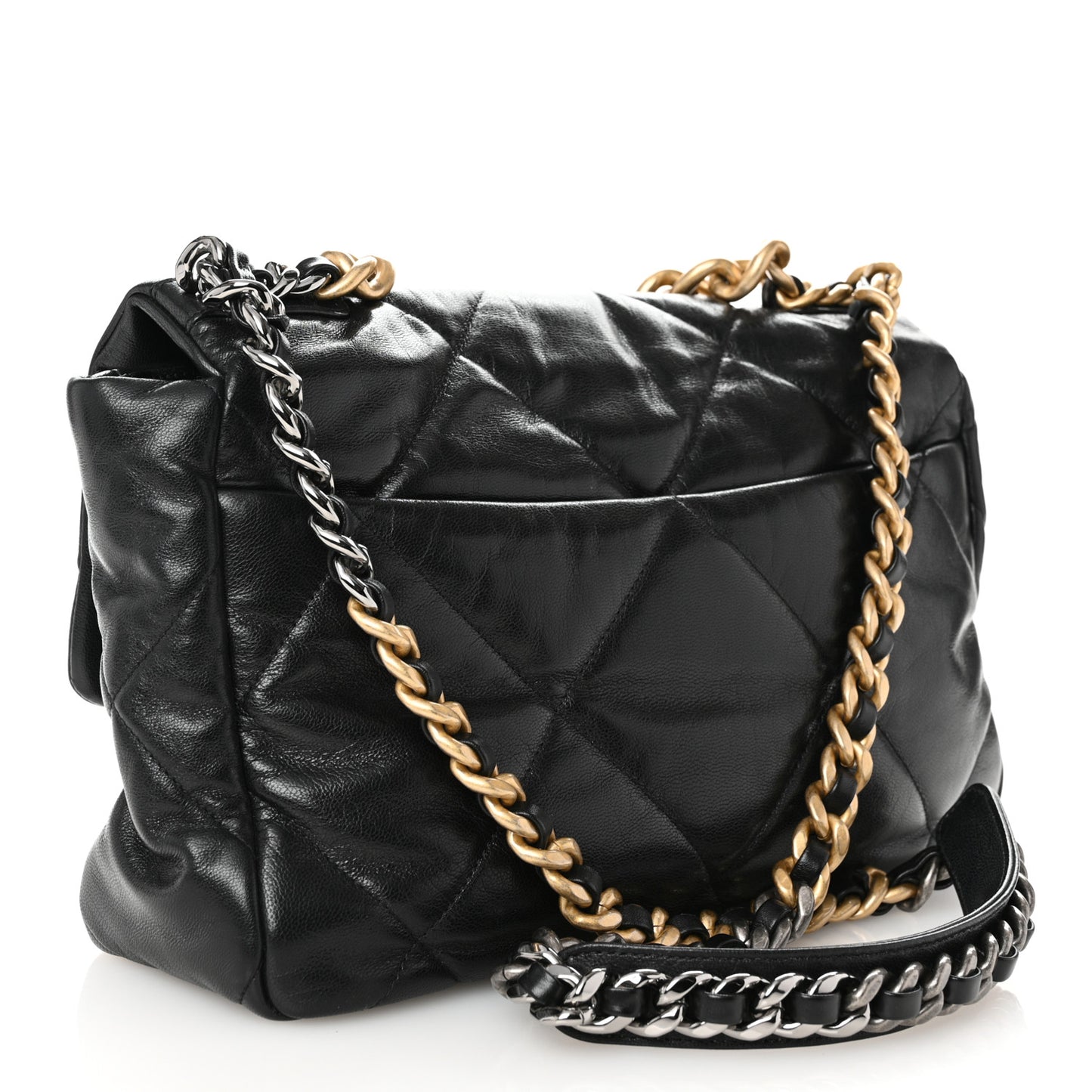 Shiny Goatskin Quilted Large Chanel 19 Flap Black