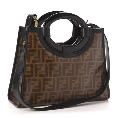 Fendi Glazed Fabric Vitello Century Plexiglass FF 1974 Stamp Patch Small Runaway Shopper Tote Mogano Panna Black 4 of 12