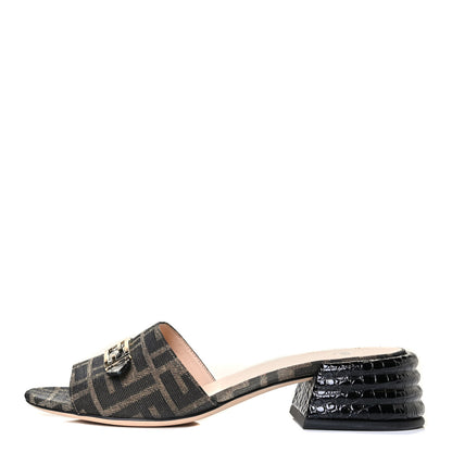 Fendi Jacquard Calfskin FF Crocodile Embossed Promenade Slide Sandals 38.5 Tobacco Moro Black 1 of 17