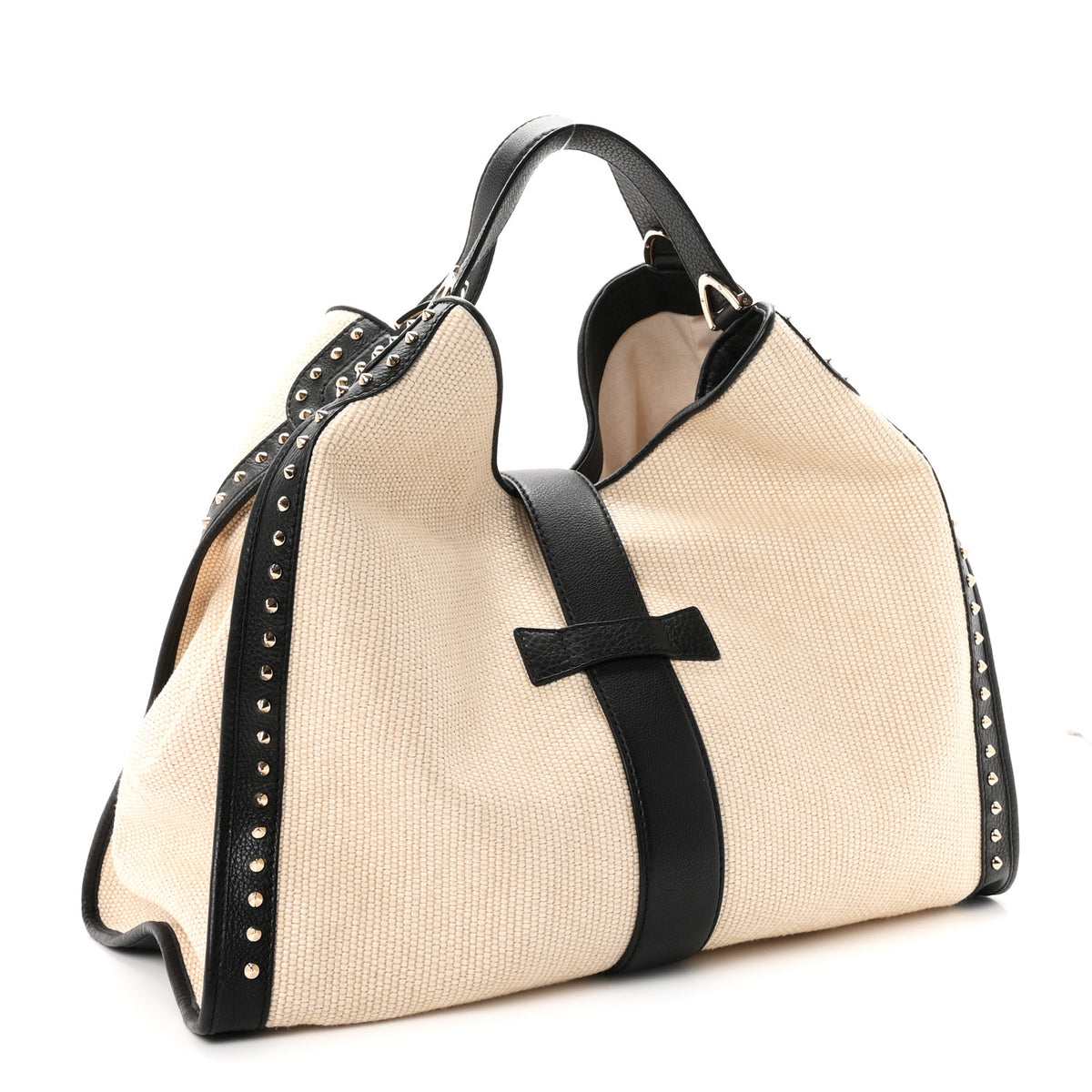 Canvas Calfskin Studded Large Soft Stirrup Shoulder Bag White Black