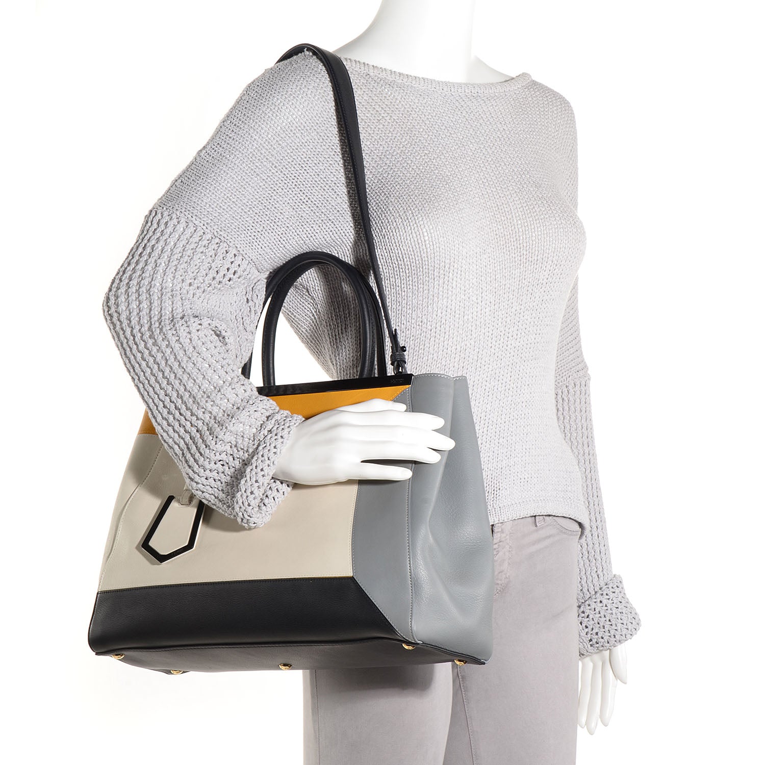 Fendi Vitello Colorblock Medium 2Jours Tote White Multicolor Girasole Black 2 of 12