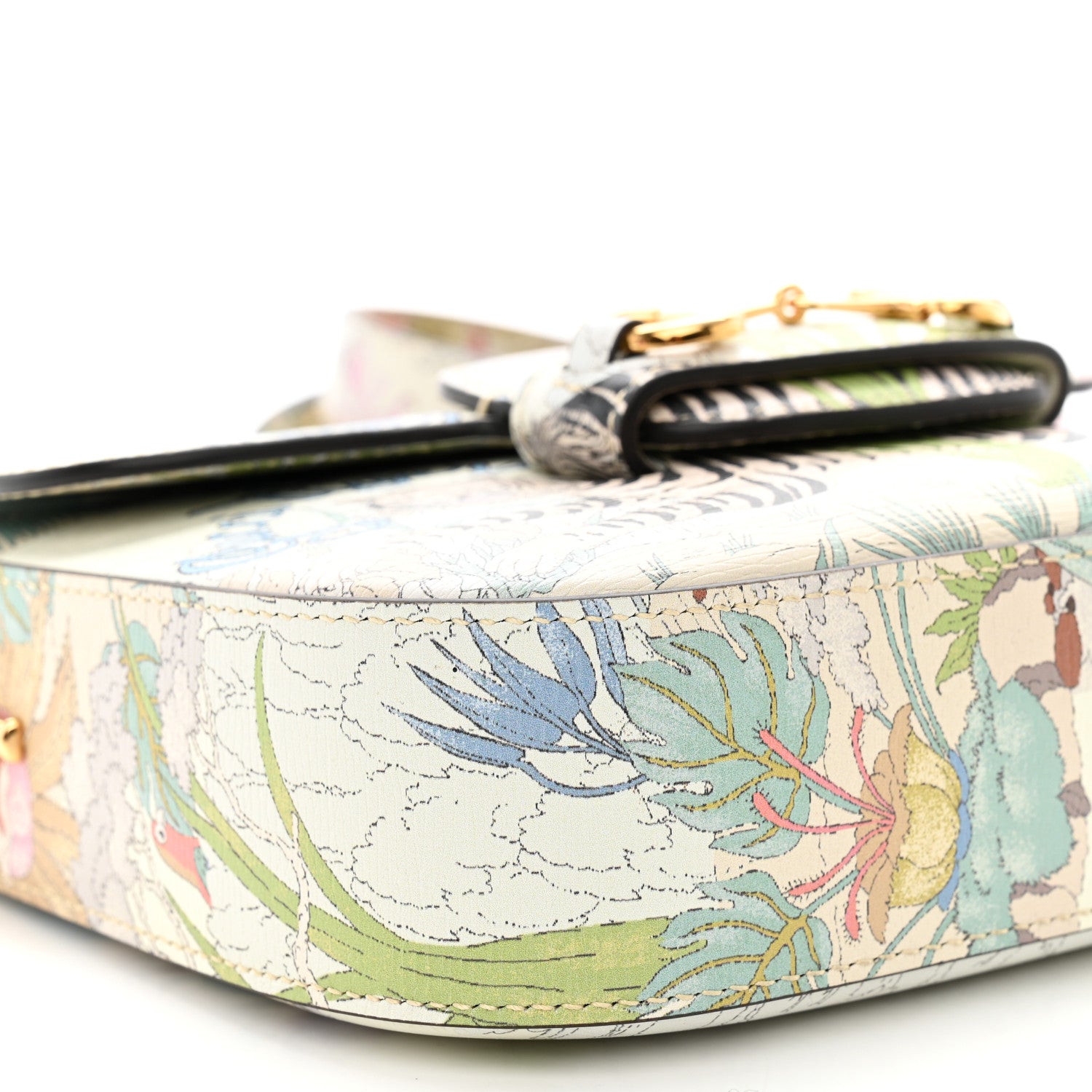 Gucci New Shangai Calfskin Tiger Savanah Web Mini Horsebit 1955 Shoulder Bag Chalky White Multicolor 9 of 13