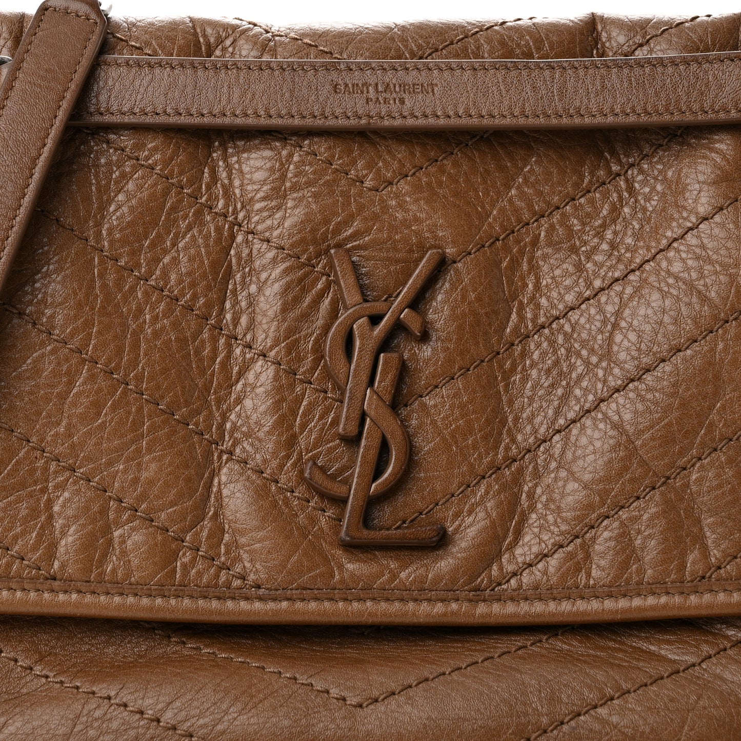 Crinkled Calfskin Matelasse Monogram Medium Niki Chain Satchel Tan Brown