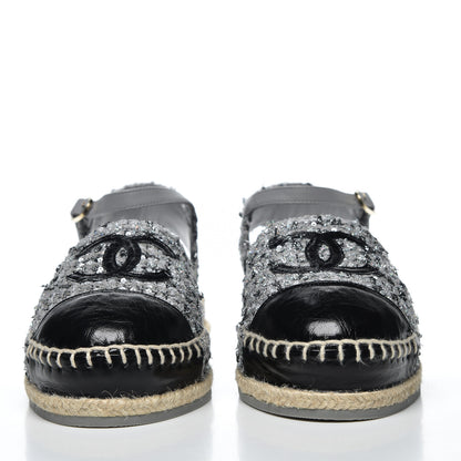 Chanel Sequin Tweed Glazed Calfskin Patent Cap Toe CC Espadrille Sandals 37 Black Grey 2 of 10