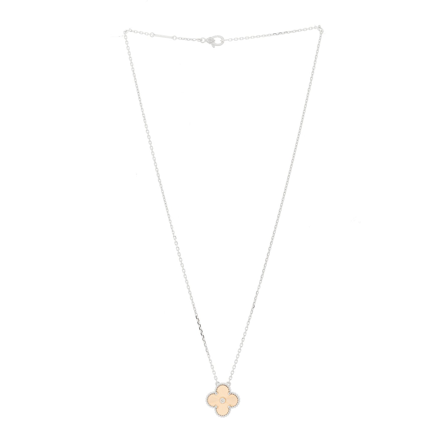 18K White Rose Gold Diamond Guilloche Vintage Alhambra Pendant Necklace