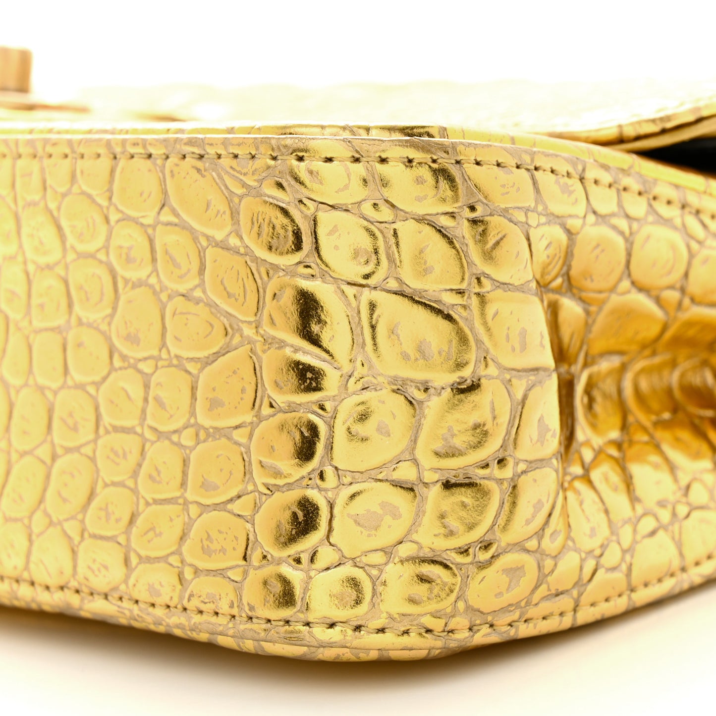 Metallic Calfskin Crocodile Embossed Cocodile Medium Double Flap Gold