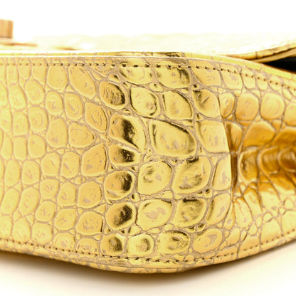 Chanel Metallic Calfskin Crocodile Embossed Cocodile Medium Double Flap Gold 10 of 12