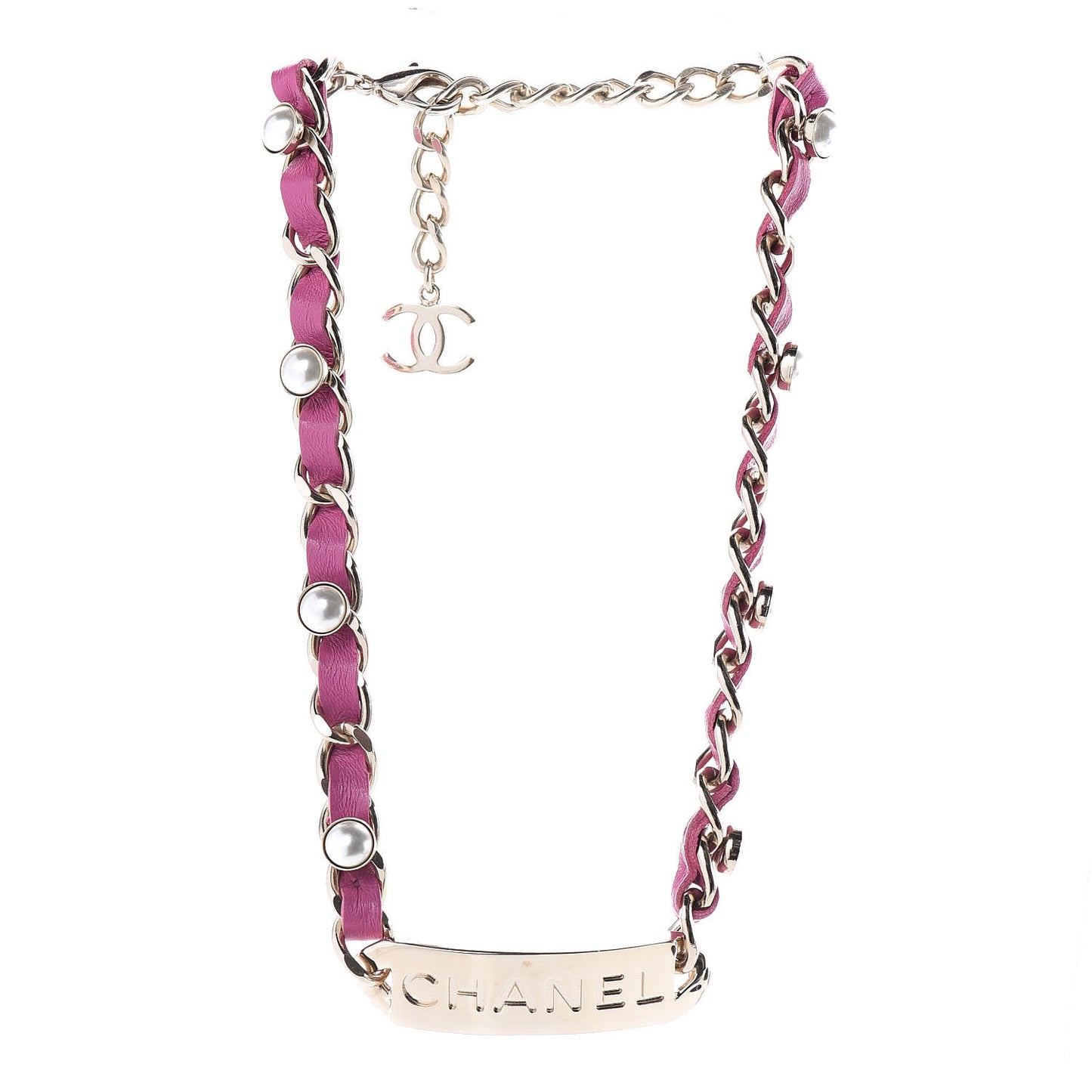 Metal Lambskin Pearl Name Plate Choker Necklace Pink Gold