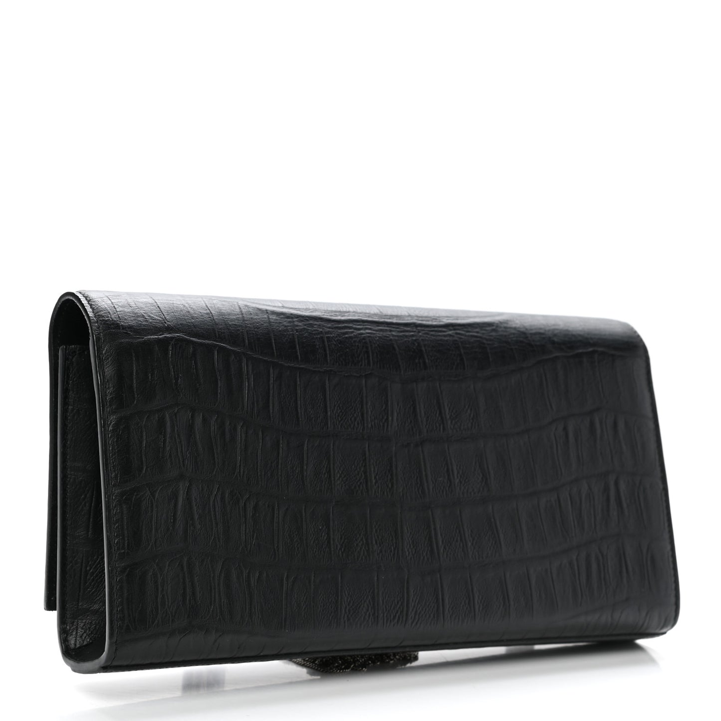 Calfskin Crocodile Embossed Classic Monogram Tassel Clutch Black