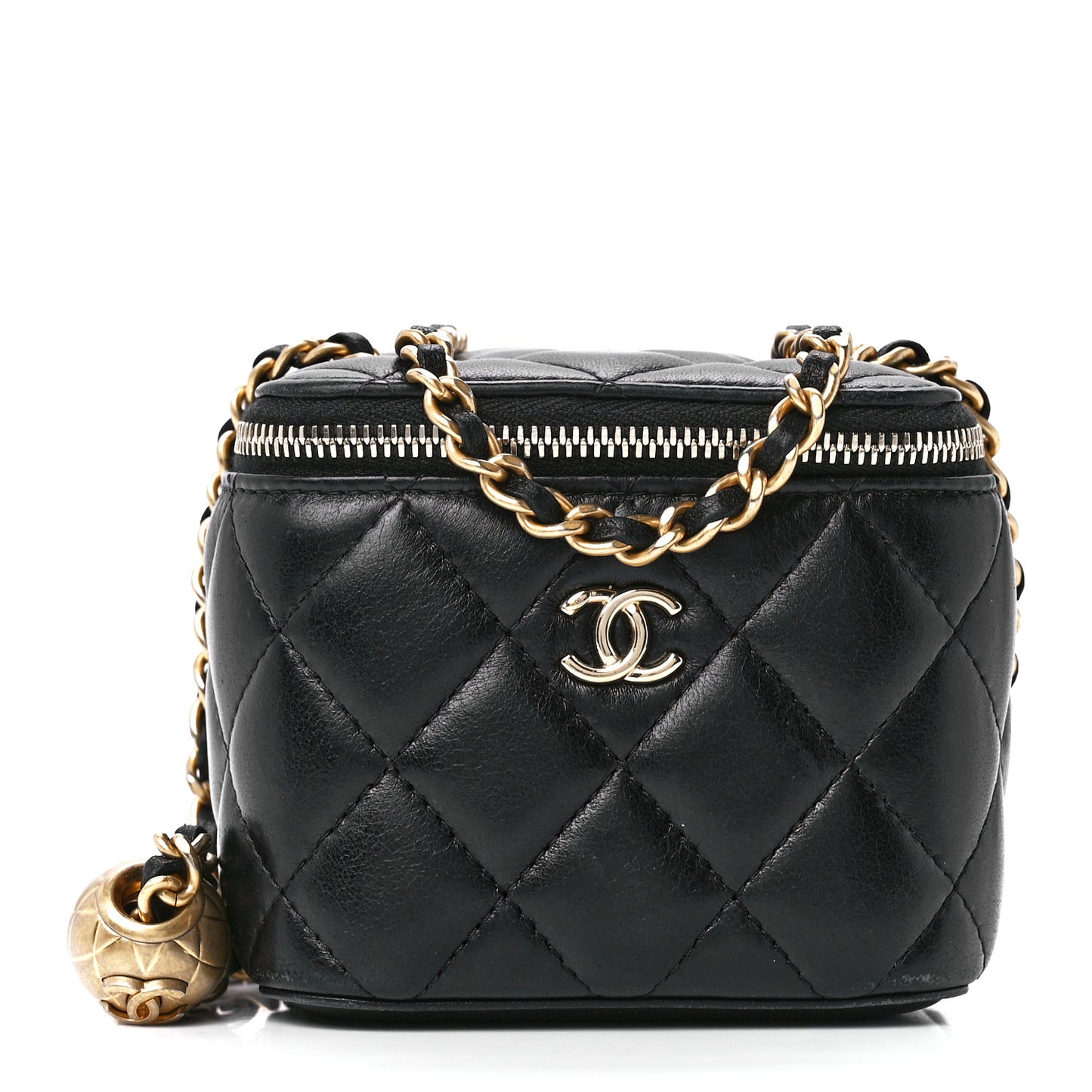 Lambskin Quilted Mini Pearl Crush Vanity Case With Chain Black