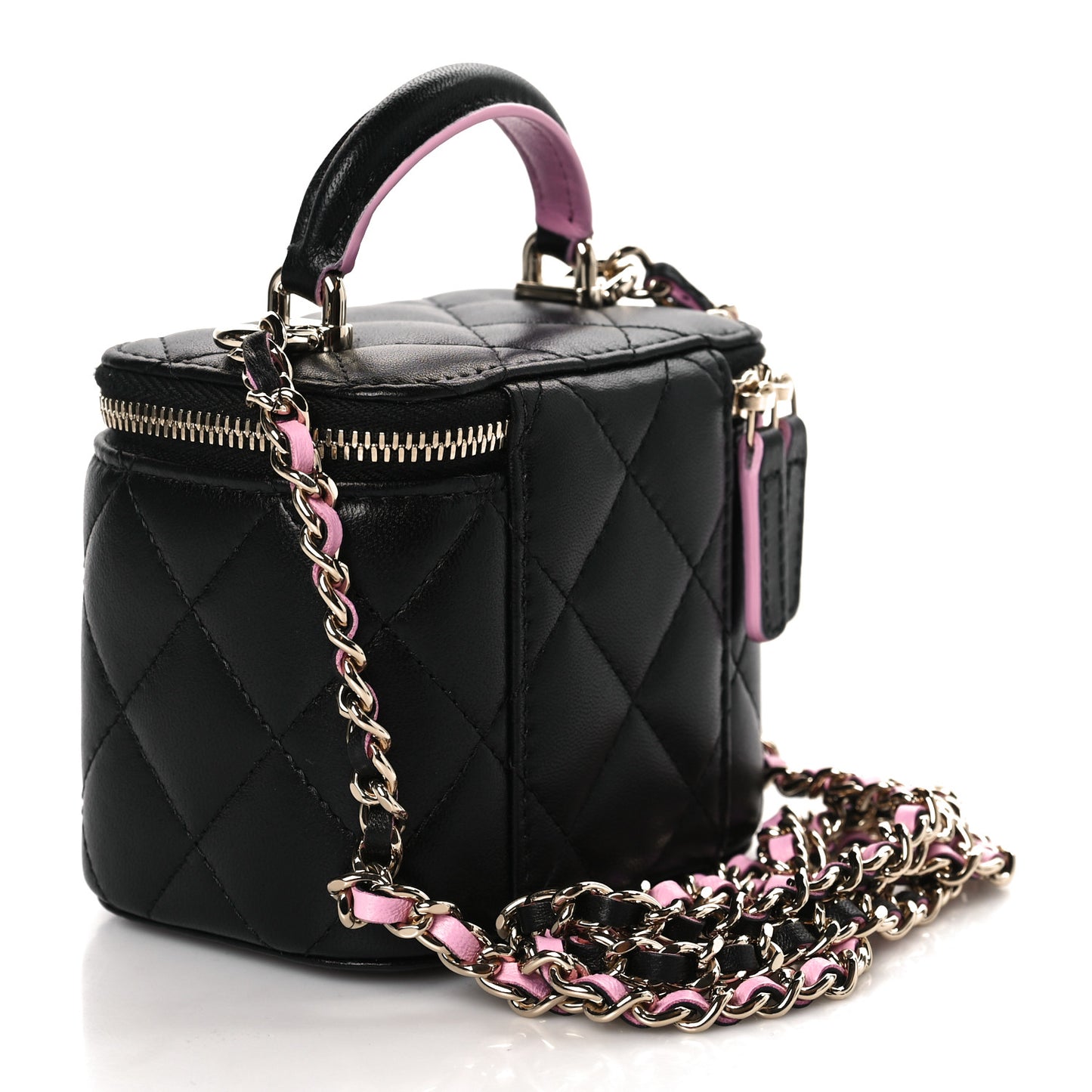 Lambskin Quilted Top Handle Mini Vanity Case With Chain Black Pink