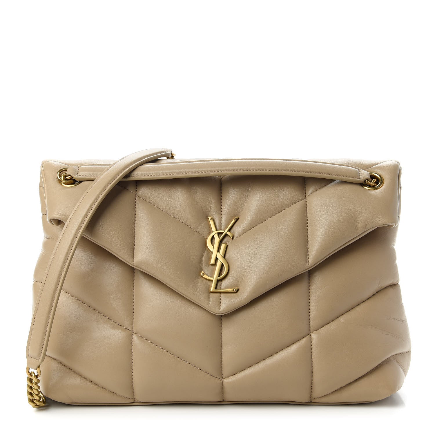 Saint Laurent Lambskin Quilted Medium Loulou Puffer Monogram Chain Satchel Dark Beige 1 of 10