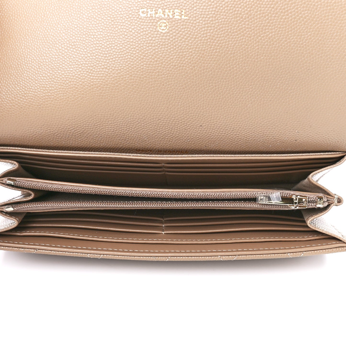 Caviar Quilted Large Gusset Flap Wallet Beige