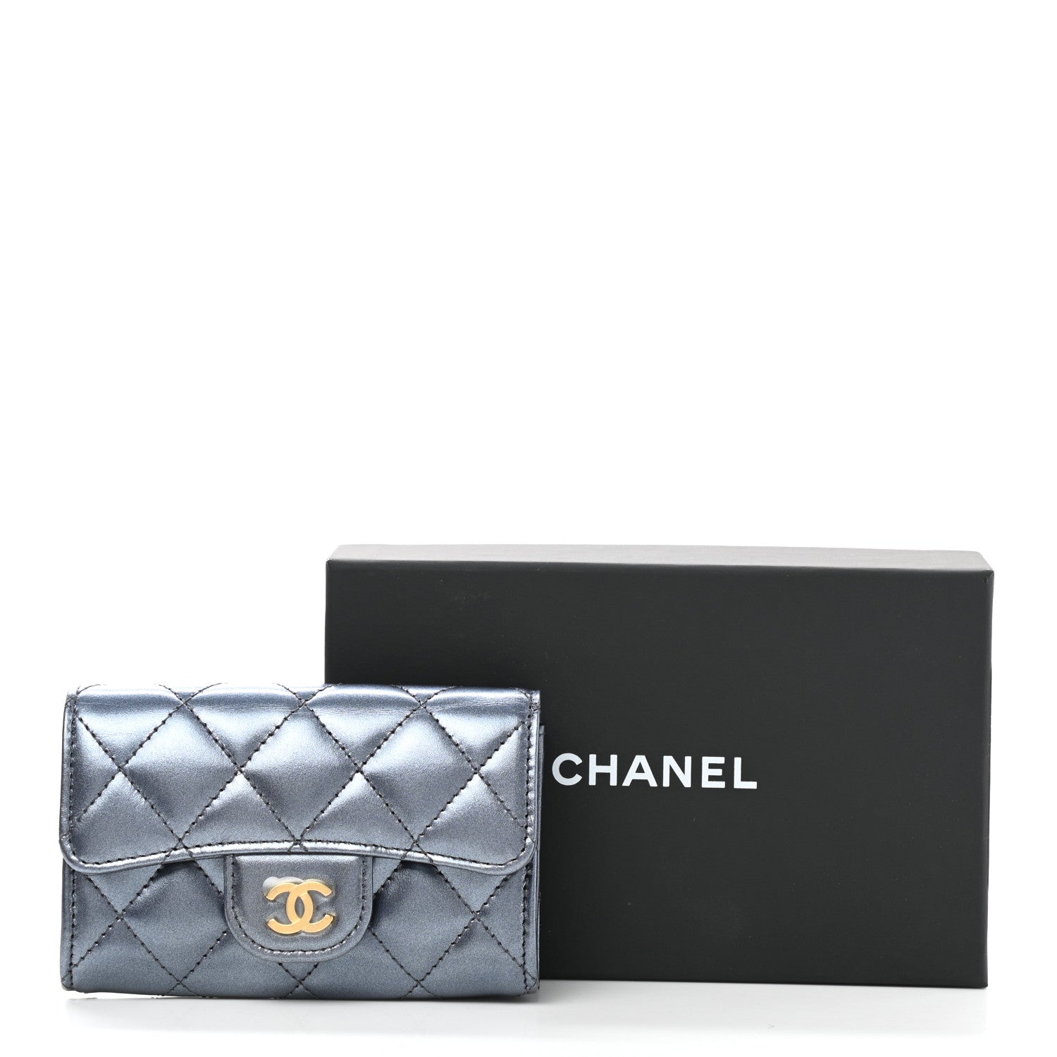 Chanel Metallic Lambskin Quilted Flap Card Holder Wallet Dark Blue 9 of 9