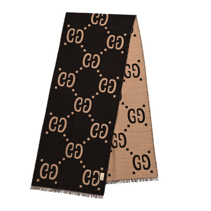 Gucci Wool Silk Monogram Jumbo GG Freedom Scarf Dark Brown Beige 4 of 12