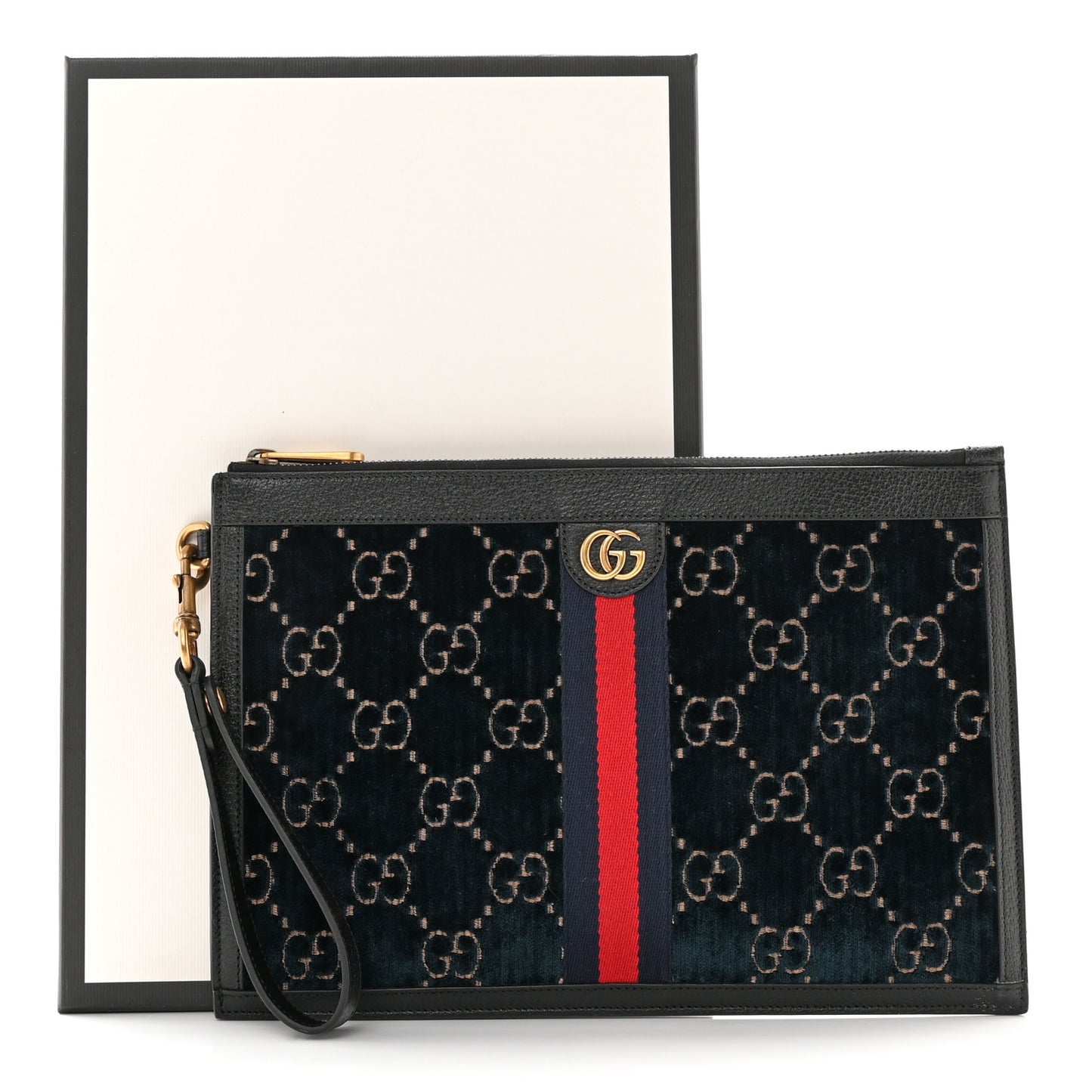 Velvet GG Monogram Textured Calfskin Web Ophidia Wristlet Blue Beige Black