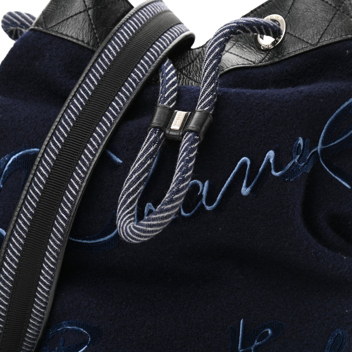 Wool Calfskin Embroidered Drawstring Backpack Navy Blue