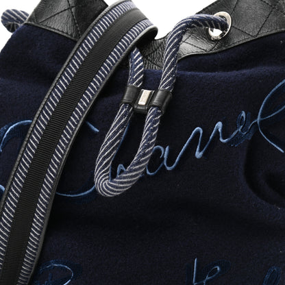 Chanel Wool Calfskin Embroidered Drawstring Backpack Navy Blue 7 of 12