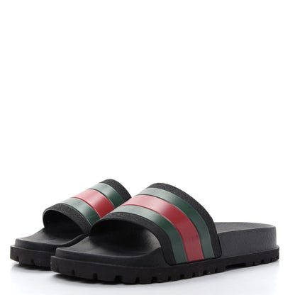 Gucci Rubber Web Mens Lug Sole Slide Sandals 5 Black Green Red 3 of 10