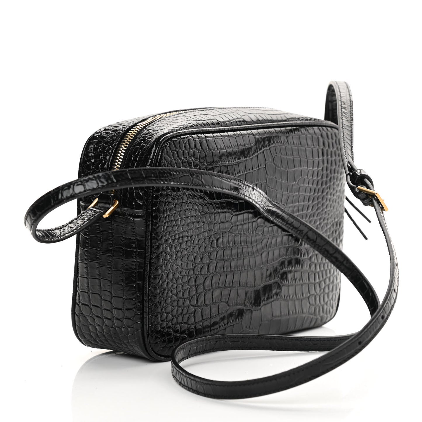 Patent Calfskin Crocodile Embossed Monogram Lou Camera Bag Black