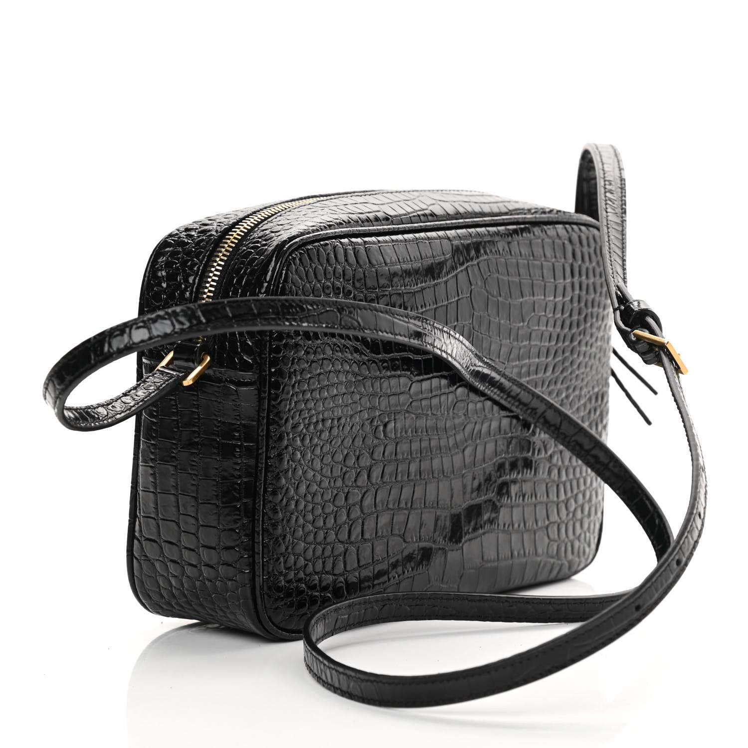 Saint Laurent Patent Calfskin Crocodile Embossed Monogram Lou Camera Bag Black 2 of 9