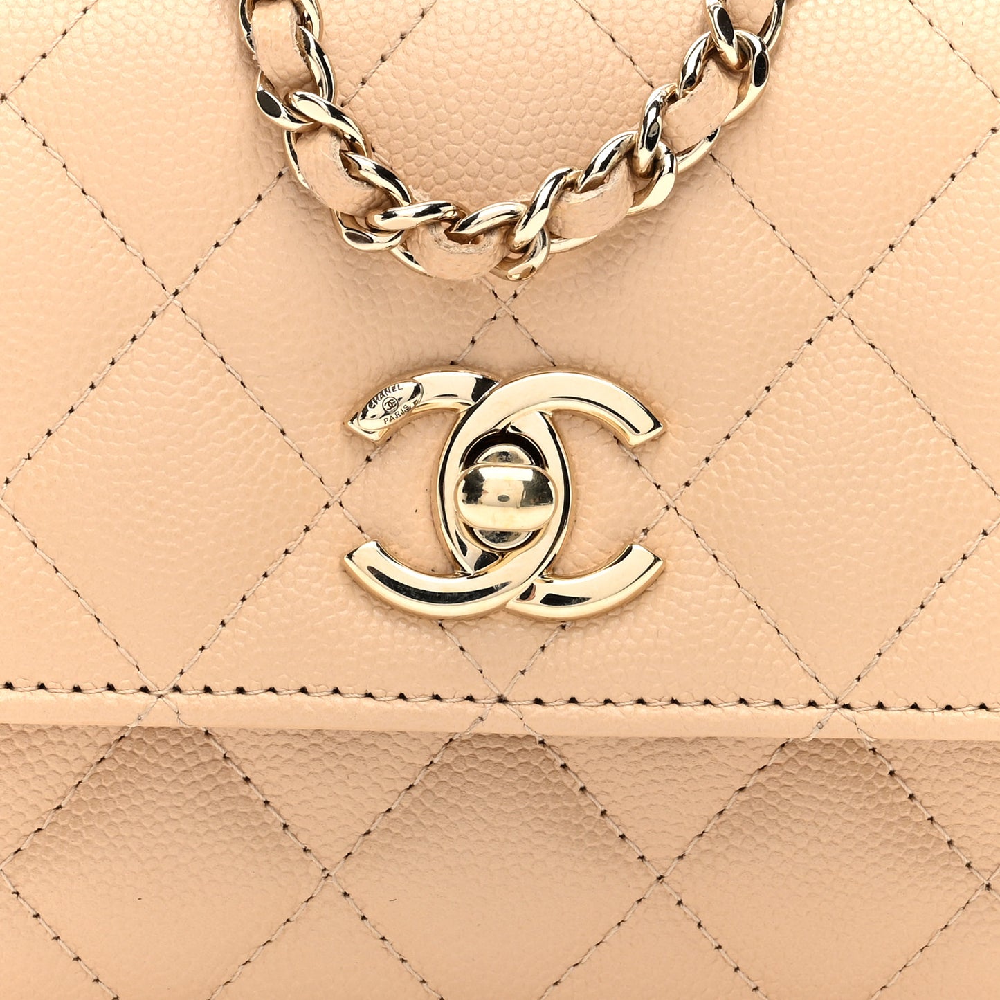 Caviar Quilted Coco Handle Clutch With Chain Beige