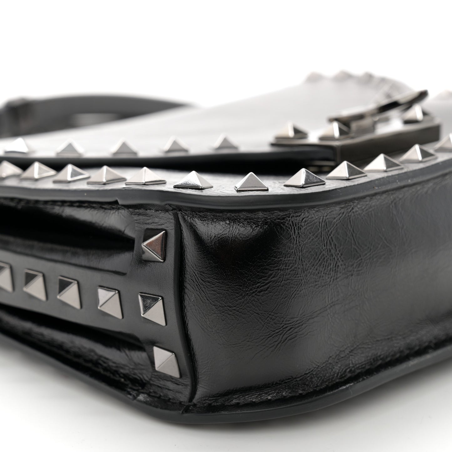 Craquele Calfskin Rockstud Shoulder Flap Messenger Bag Black
