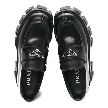 Prada Spazzolato Rois Metal Triangle Logo Monolith 55mm Loafers 35 Black 2 of 9