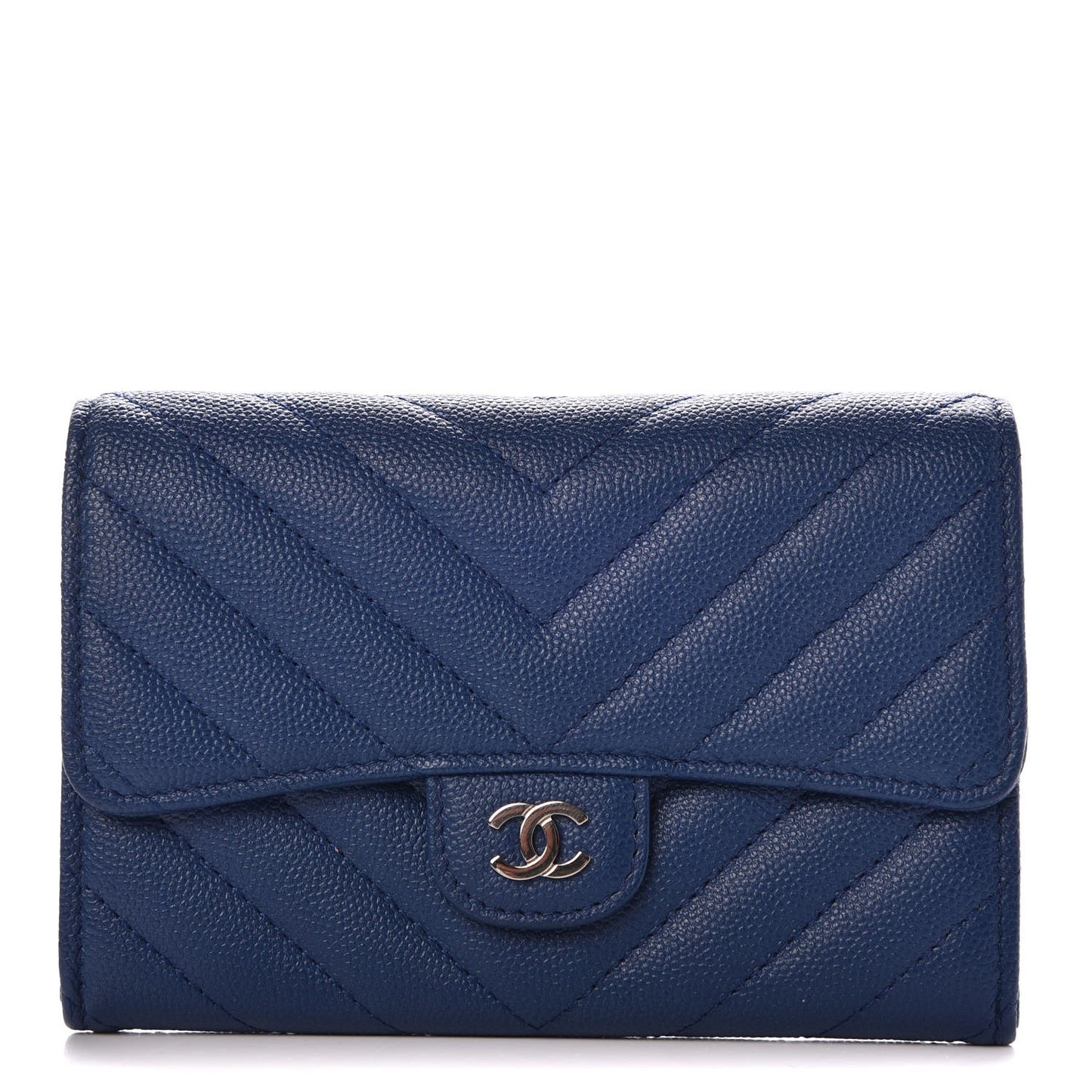 Caviar Chevron Quilted Medium Flap Wallet Blue