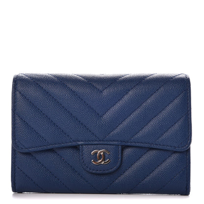 Chanel Caviar Chevron Quilted Medium Flap Wallet Blue 1 of 9