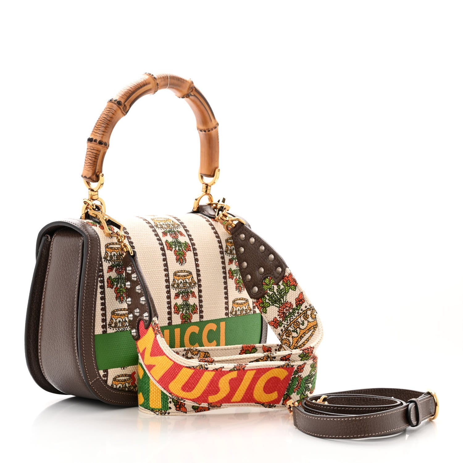 Gucci Canvas Calfskin 100 Centennial Music Mini Bamboo 1947 Top Handle Bag Multicolor 4 of 12