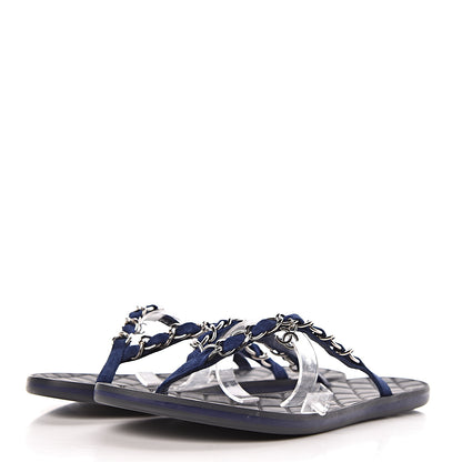 Chanel Suede Calfskin Quilted Chain Thong Sandals 36.5 Navy Blue 3 of 7