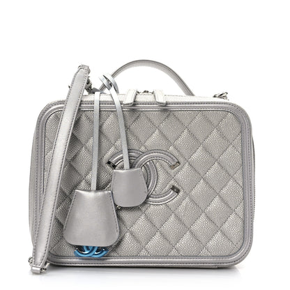 Chanel Metallic Caviar Quilted Large CC Filigree Vanity Case Silver 1 of 10