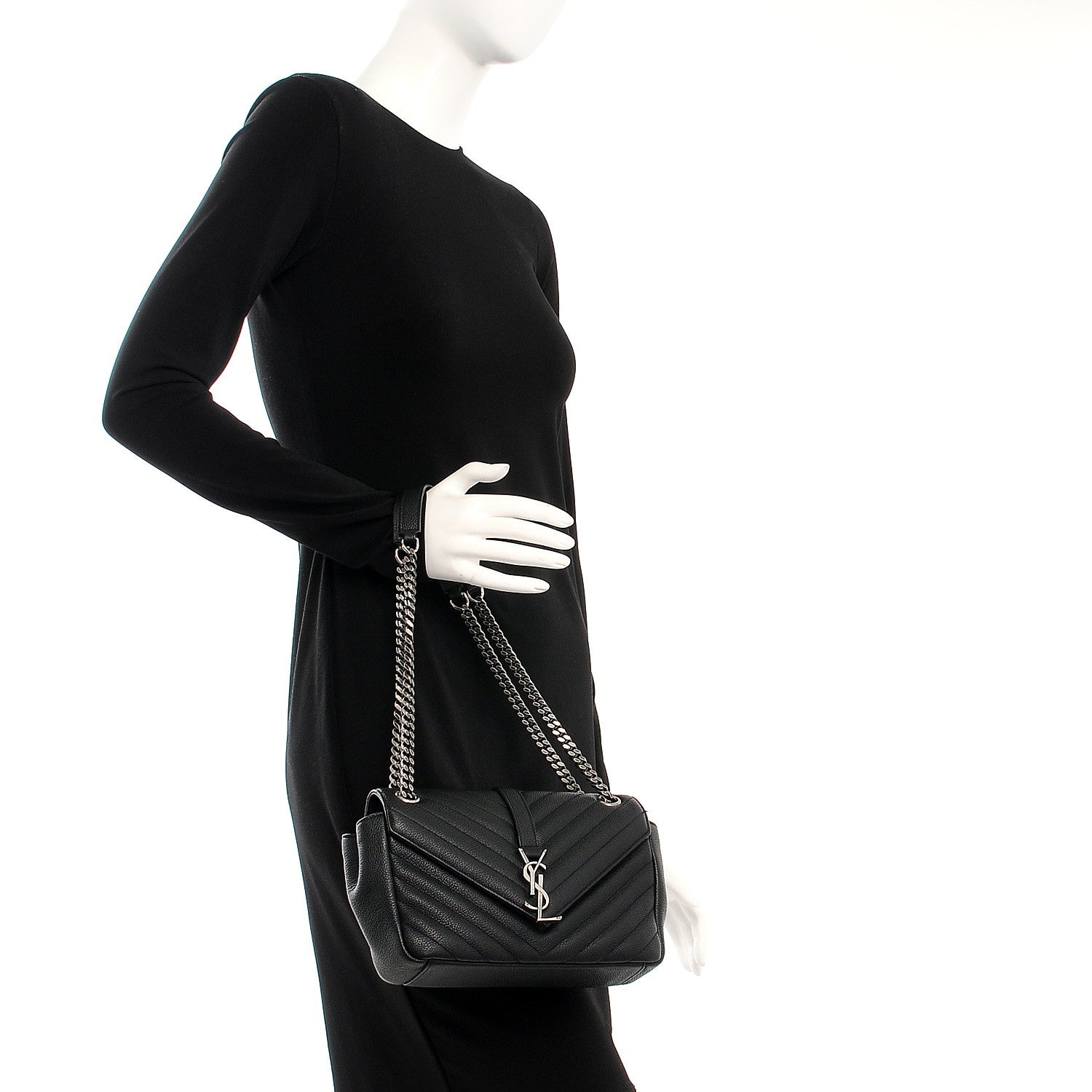 Saint Laurent Grained Calfskin Matelasse Chevron Medium Monogram Chain Bag Black 2 of 9